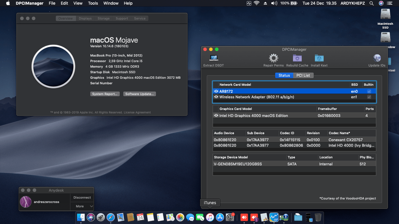Success Hackintosh macOS Mojave 10.14.6 Build 18G103 at Lenovo G400S-20244